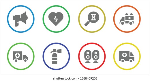 urgent icon set. 8 filled urgent icons.  Simple modern icons about  - Loudspeaker, Ambulance, Defibrillator, Extinguisher, Sandclock