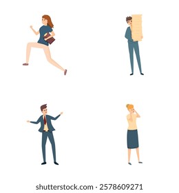 Urgent job icons set cartoon vector. Hurrying and running office worker. Deadline and rush hour
