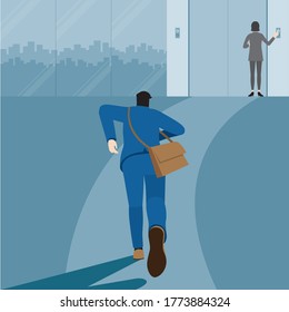 Urgent lifestyle concept. Back view of business man running to office lift hall. Hurry up to be on time in rush hour of occupation. Square vector illustration flat style minimal design.