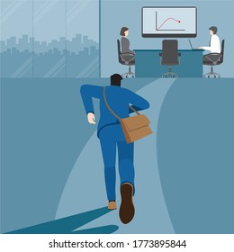 Urgent lifestyle concept. Back view of business man running to meeting. Hurry up in rush hour to be on time of professional occupation. Square vector illustration flat style minimal design.