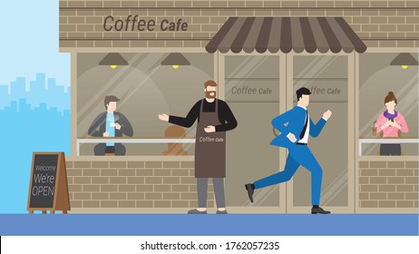 Urgent lifestyle concept. Business man run through coffee cafe without interested. Hurry up in rush hour of occupation. Banner vector illustration flat style minimal design.
