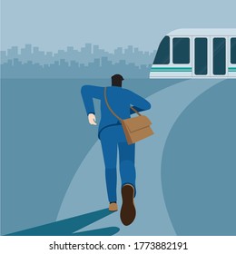 Urgent lifestyle concept. Business man running to train public transportation. Hurry up in rush hour to be on time of professional occupation. Square vector illustration flat style minimal design.