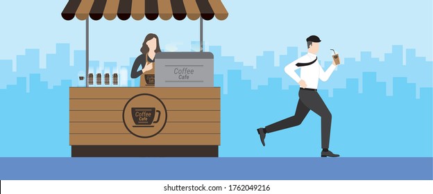 Urgent lifestyle concept. Office man running from coffee shop kiosk like marathon runner after drink coffee. Hurry up in rush hour of occupation. Banner vector illustration flat style minimal design.