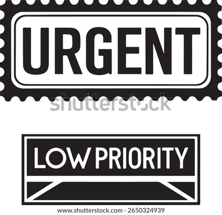 Urgent and Low Priority Stamp Set, red angled URGENT and gray LOW PRIORITY labels, task status icons, priority control vector design