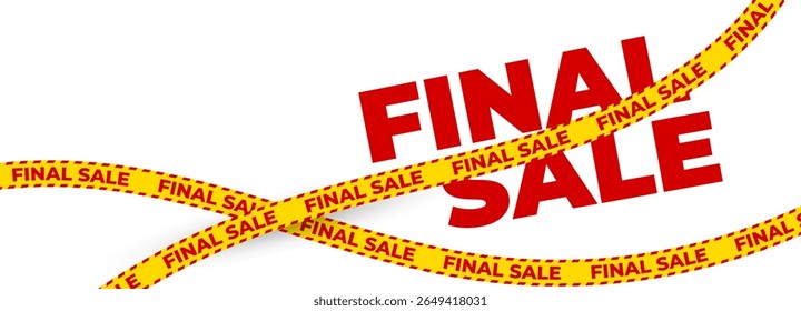 Fita promocional urgente, fita vermelha ousada, faixa de venda final para anúncio de desconto, zona de oferta de compras, design de etiqueta de aviso, faixa de varejo dinâmica. Ilustração vetorial.
