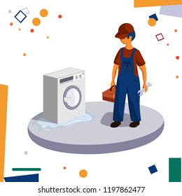 Urgent repair assistance. Plumber repairing washing machine. flat style