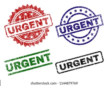 URGENT seal prints with damaged texture. Black, green,red,blue vector rubber prints of URGENT caption with retro texture. Rubber seals with circle, rectangle, rosette shapes.