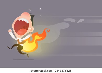 Tarefa urgente, uma caricatura de um empresário estressado com fogo na bunda, correndo para cumprir um prazo em meio ao caos das horas extras e pressão de trabalho em um ambiente de escritório típico. Linha de data, Trabalho sensível