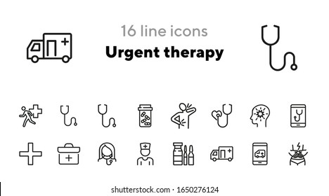 Symbol für die Dringlichkeitstherapie gesetzt. Krankenwagen, Stethoskop, Schmerz. Medizinkonzept. Kann für Themen wie Notfall, Erste Hilfe, medizinische Hilfe verwendet werden