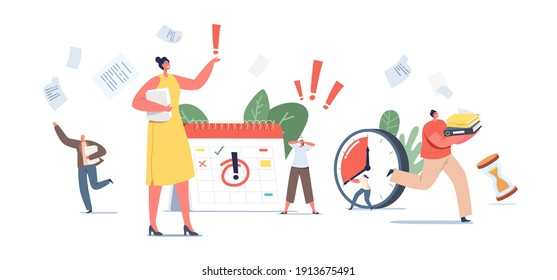 Urgent Work, Deadline Approaching Concept. Anxious Tiny Business Characters in Chaos Office Workplace. People Run with Paper Documents, Calendar and Alarm Clock. Cartoon People Vector Illustration
