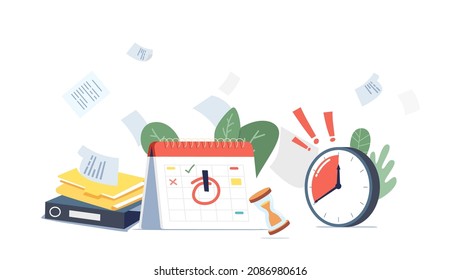 Urgent Work, Deadline Approaching Concept. Chaos Office Workplace with Flying Paper Documents, Folders, Hourglass, Calendar and Alarm Clock. Cartoon Vector Illustration