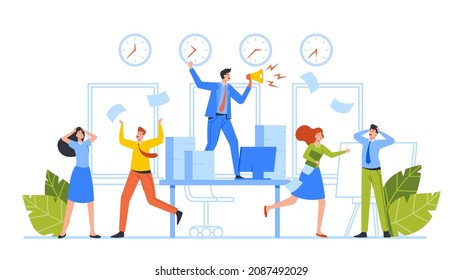 Urgent Work, Deadline Approaching Concept. Anxious Business Characters in Chaos Office Workplace. People Run with Paper Documents, Angry Boss Yell in Loudspeaker. Cartoon Vector Illustration