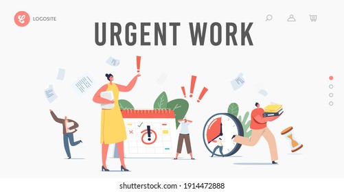 Urgent Work, Deadline Landing Page Template. Anxious Tiny Business Characters in Chaos Office Workplace. People Run with Paper Documents, Calendar and Alarm Clock. Cartoon People Vector Illustration