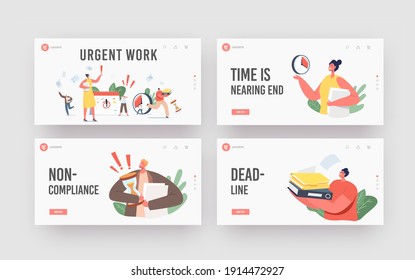 Urgent Work, Deadline Landing Page Template Set. Anxious Tiny Business Characters in Chaos Office Workplace. Businesspeople Run with Documents, Calendar and Clock. Cartoon People Vector Illustration