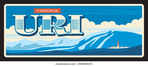 Uri Swiss canton tin sign, retro travel plate, tourist destination banner with antique typography. Canton territory landmark with sea and mountains landscape, lighthouse on island, blue sky