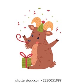 Urial Character with Horns in Birthday Hat with Gift Box Blowing Whistle Vector Illustration