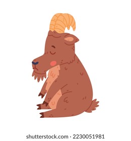 Urial Character with Horns Sitting with Sad Grimace Vector Illustration