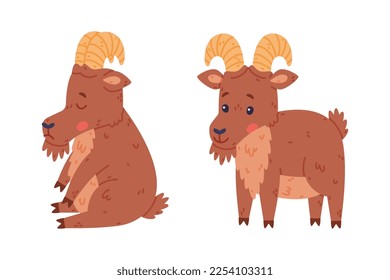 Urial Character as Wild Mountain Sheep with Horns Sitting and Standing Vector Set