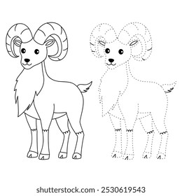 Urial coloring pages for kids. Trace and color Urial. Urial animal flashcard for kids vector illustration. Letters U is for Urial. Kindergarten and preschool worksheets printable for kids.