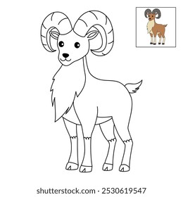 Urial coloring pages for kids. Trace and color Urial. Urial animal flashcard for kids vector illustration. Letters U is for Urial. Kindergarten and preschool worksheets printable for kids.