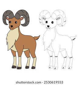 Urial coloring pages for kids. Trace and color Urial. Urial animal flashcard for kids vector illustration. Letters U is for Urial. Kindergarten and preschool worksheets printable for kids.