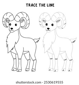 Urial coloring pages for kids. Trace and color Urial. Urial animal flashcard for kids vector illustration. Letters U is for Urial. Kindergarten and preschool worksheets printable for kids.