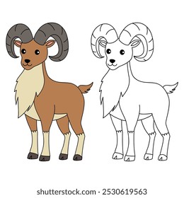 Urial coloring pages for kids. Trace and color Urial. Urial animal flashcard for kids vector illustration. Letters U is for Urial. Kindergarten and preschool worksheets printable for kids.