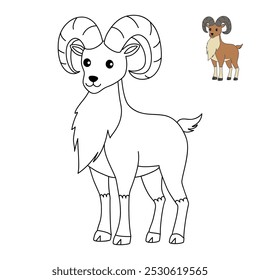 Urial coloring pages for kids. Trace and color Urial. Urial animal flashcard for kids vector illustration. Letters U is for Urial. Kindergarten and preschool worksheets printable for kids.