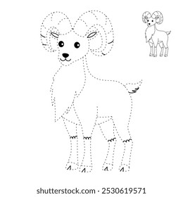 Urial coloring pages for kids. Trace and color Urial. Urial animal flashcard for kids vector illustration. Letters U is for Urial. Kindergarten and preschool worksheets printable for kids.