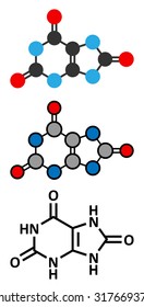 Uric acid molecule. High blood levels lead to gout disease. Stylized 2D renderings and conventional skeletal formula. 