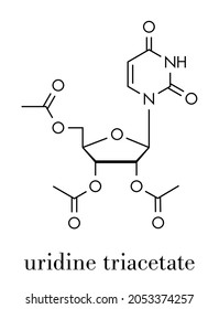 Uridine triacetate drug molecule. Used as antidote to treat chemotherapy overdoses. Skeletal formula.