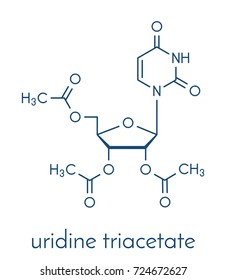 Uridine triacetate drug molecule. Used as antidote to treat chemotherapy overdoses. Skeletal formula.