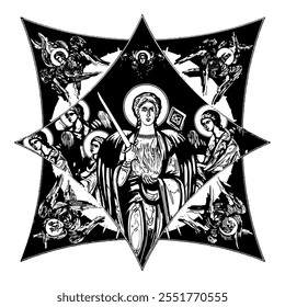 Uriel Archangel on cross dome with 4 apostles, angels and seraphim. Ink illustration black and white in Byzantine style isolated