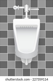 Urinal or sanitary ware design. That provided in public toilets for male. Users used in a standing position. Handle urinal flush valve included. Realistic vector illustration design on tile background