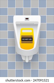 Urinal or sanitary ware design. That damaged and do not used sign provided in public toilets for male. Users used in a standing position. Auto flush water included. Realistic vector illustration.