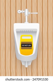 Urinal or sanitary ware design. That damaged and do not used sign provided in public toilets for male. Users used in a standing position. Handle urinal flush valve included. Realistic vector illustrat