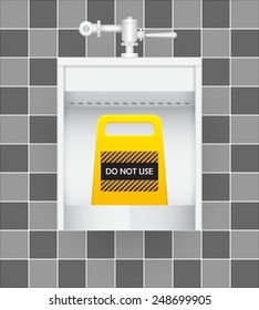 Urinal or sanitary ware design. That damaged and do not used sign provided in public toilets for male. Users used in a standing position. Handle urinal flush valve included. Realistic vector design.