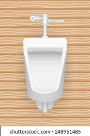 Urinal or sanitary ware design. That provided in public toilets for male. Users usually used in a standing position. Handle urinal flush valve included. Realistic vector illustration design on wood.