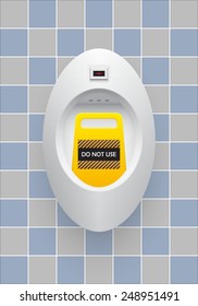 Urinal or sanitary ware design. That damaged and do not used sign provided in public toilets for male. Users used in a standing position. Auto flush water included. Realistic vector illustration.