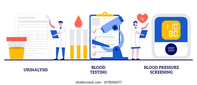 Urinalysis, blood testing, blood pressure screening concept with tiny people. Clinical laboratory analysis abstract vector illustration set. Health examination, biological markers metaphor.