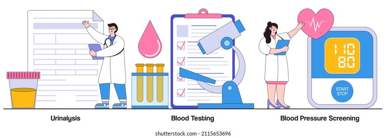 Urinalysis, blood testing, blood pressure screening concept with tiny people. Clinical laboratory analysis abstract vector illustration set. Health examination, biological markers metaphor.