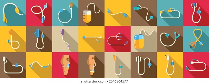  Conjunto de iconos de catéter urinario. Colección de coloridos iconos de diseño plano que representan varios tipos de equipos médicos utilizados para la terapia intravenosa, incluidos catéteres, cánulas y gotas intravenosas