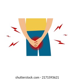 Urinary incontinence problem. Man hands holding his crotch, Male gender want to pee all the time. Isolated on white background. Vector illustration.