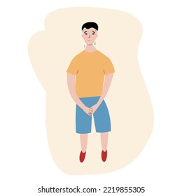Urinary incontinence problem. The young man wants to pee. The guy feels pain in his groin. Experiencing pain. Flat vector illustration.