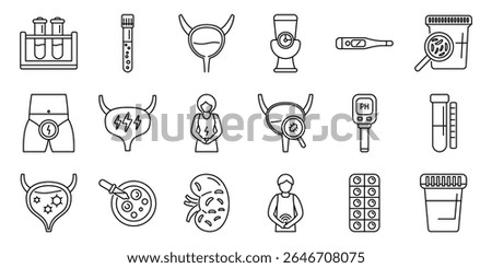 Urinary tract infection icons set. Urology and nephrology icons represent various aspects of urinary system health, from diagnosis to treatment
