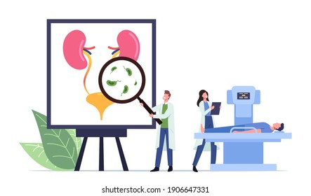 Urinary Tract Infection, UTI Medical Concept With Tiny Doctors And Sick Patient On Mri Characters At Huge Anatomical Poster With Urinal Organs Bladder And Kidneys. Cartoon People Vector Illustration