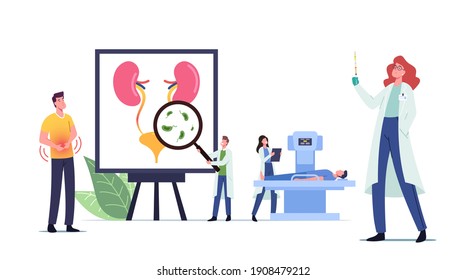 Urinary Tract Infection, UTI Medical Concept With Tiny Doctors And Sick Patient Characters At Huge Anatomical Poster With Internal Urinal Organs Bladder And Kidneys. Cartoon People Vector Illustration