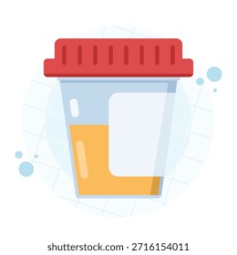 Concepto de análisis de orina con icono de prueba de orina y muestra en recipiente de plástico y tubo de vidrio. Ilustración vectorial para pruebas médicas, diagnósticos y laboratorios de atención médica.