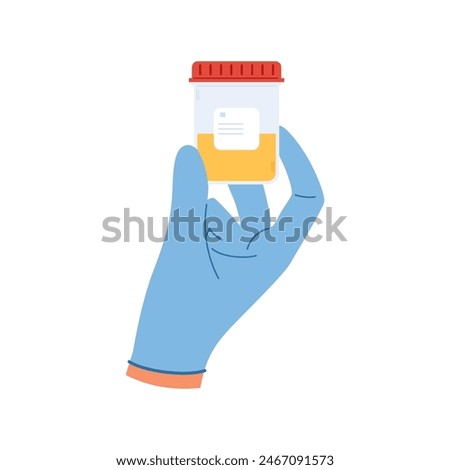 Urine analysis. Hand in gloves holds container with urine sample. Plastic containers with biomaterial
