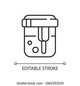 Urine analysis linear icon. Urinalysis result. Healthcare checkup. Pee sample in container. Thin line customizable illustration. Contour symbol. Vector isolated outline drawing. Editable stroke